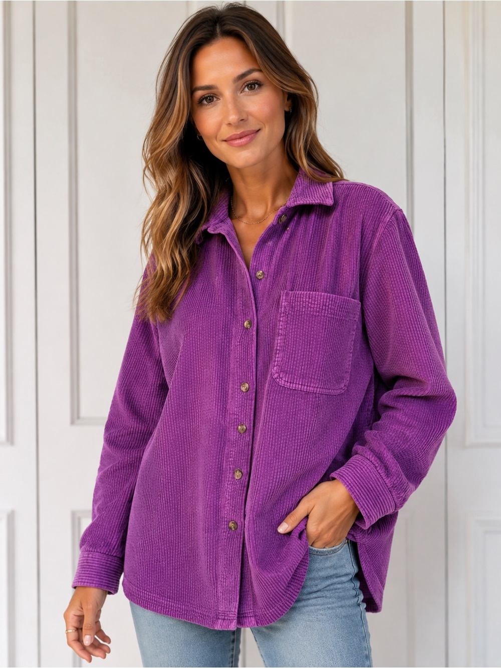 LL Bean Purple Corduroy Shacket Large Wide Wale Button Down Oversized Shirt VTG